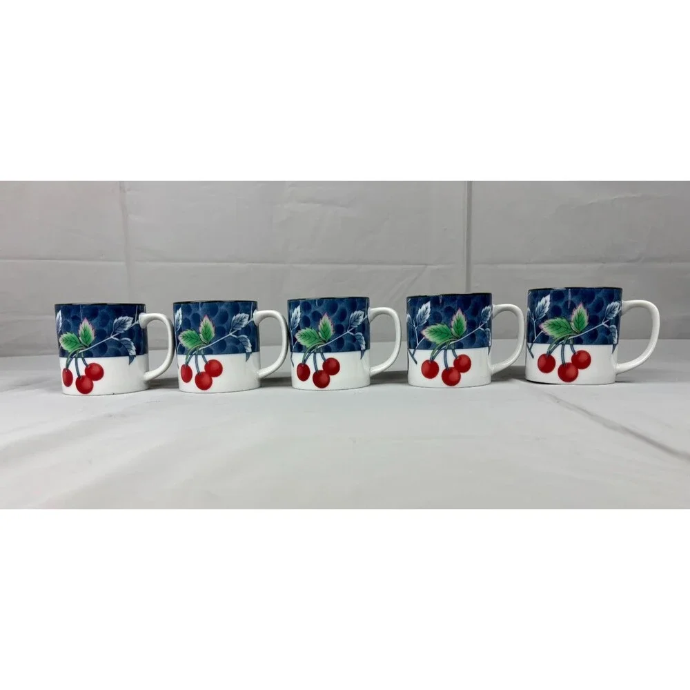Williams Sonoma Cup & Saucer (set of 5) Red Cherries, White, Blue, WSO22